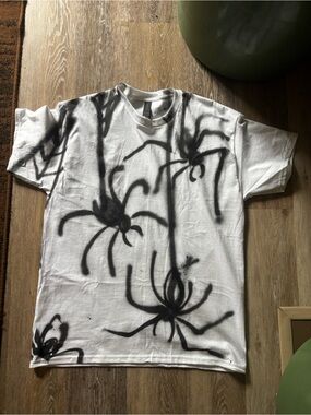 Men's White Short Sleeve Tee with Black Spider Spray Design